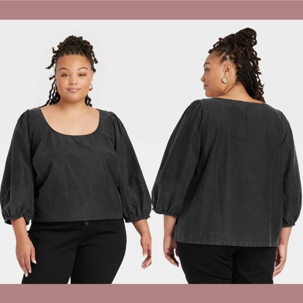 NWT $30 Ava‎ & Viv [ Women's Plus Size 1X ] Balloon 3/4 Sleeve Blouse Black
